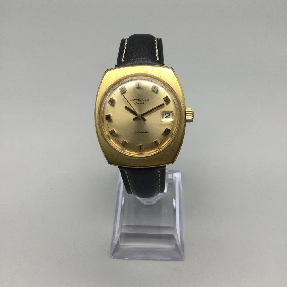 Vintage Wittnauer Geneve Mens Watch 33mm Champagne Dial Auto Date Black Leather
